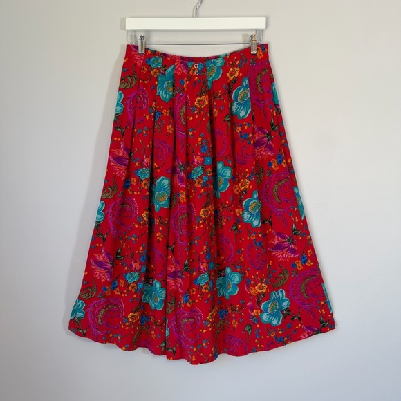 Liz Claiborne Dresses & Skirts - Vintage Red Silk Skirt 90s Pleated Floral Midi Tropical Beach Resort Dopamine M